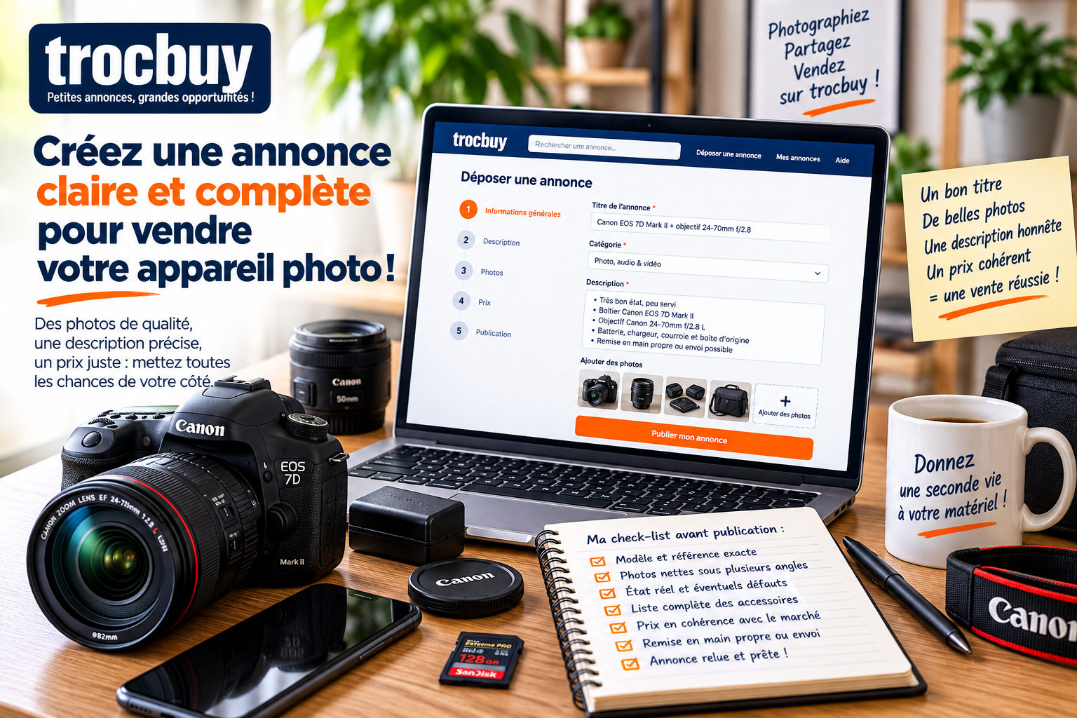 Créer une annonce claire pour vendre un appareil photo d'occasion sur trocbuy