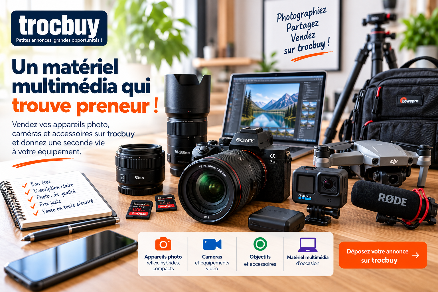 Vendre des équipements photo vidéo et multimédia d'occasion sur trocbuy